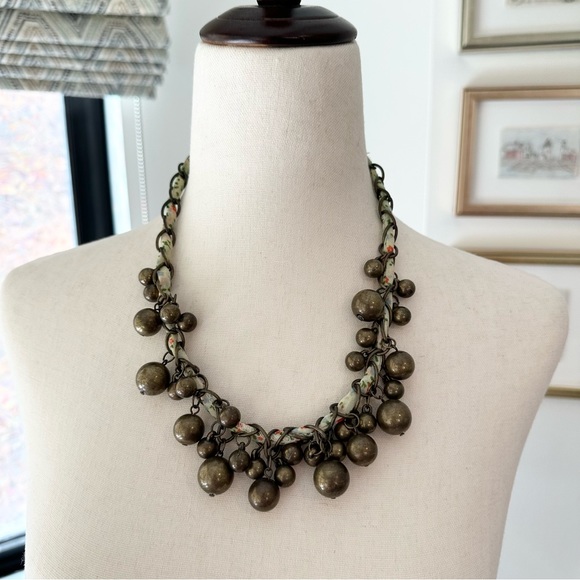 Flowered Ribbon & Brass Bead Statement Necklace - Picture 4 of 14